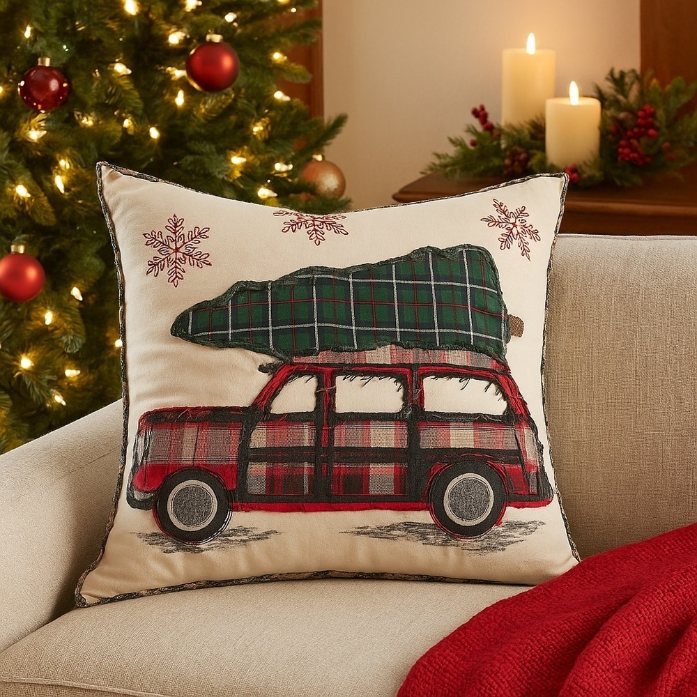 Pottery Barn Christmas Car Decorative Throw Pillow – 20”x20” – Cotton & Feather